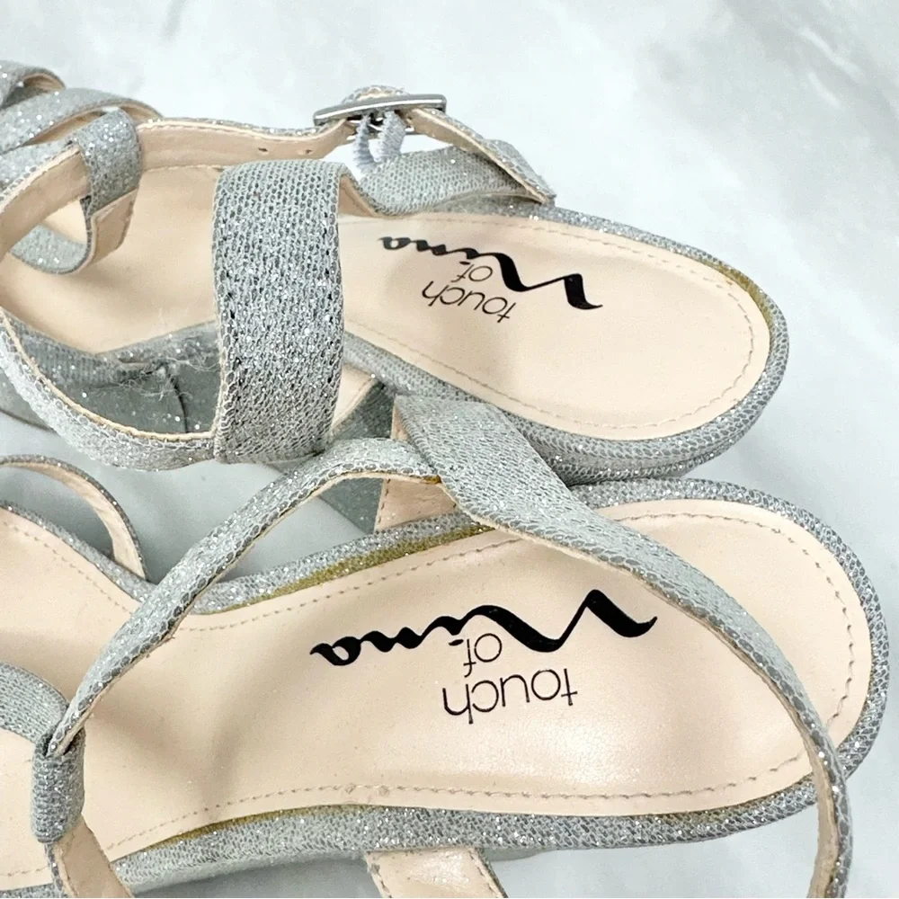 Nina Valery Silver Glitter Metallic Wedge Heel Strappy Sandal Shoes 7.5
